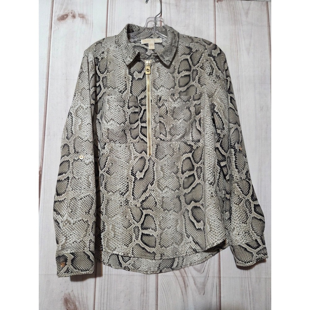 Michael Kors Womens Snake Print Chiffon Blouse Long Sleeve Zip Neck M‎